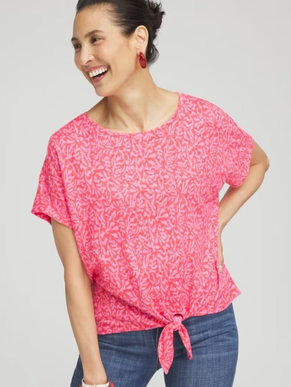 Chico's Linen Reef Tie Front Tee Top Coral Pink Size 1 Medium